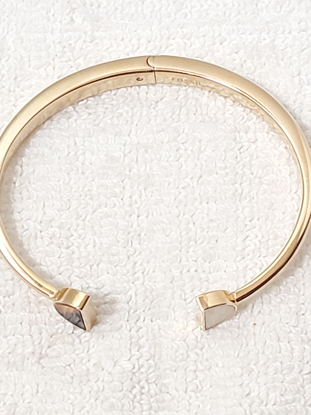 Fossil Tortoise & White Stainless Steel Open Cuff Bangle Bracelet Gold Tone